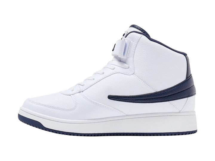 Tenis FILA A-High blancos con detalles y suela en azul marino, estilo bota para hombre.