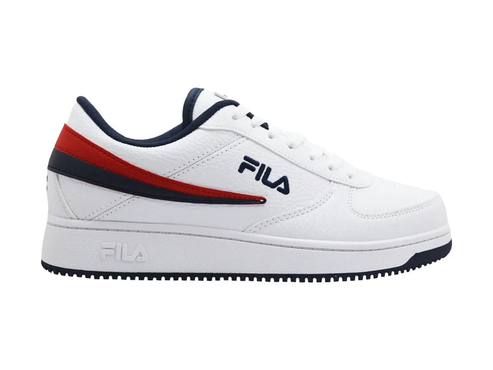 Tenis Fila A-Low blancos con franjas laterales en rojo y azul marino para Hombre.
