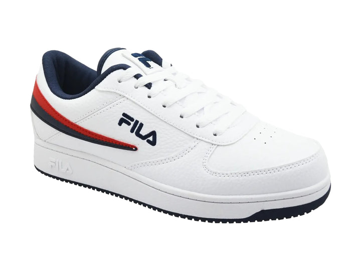 Tenis Fila A-Low blancos con franjas laterales en rojo y azul marino para Hombre.