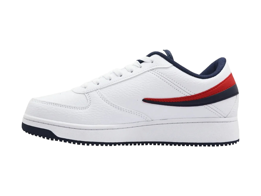 Tenis Fila A-Low blancos con franjas laterales en rojo y azul marino para Hombre.