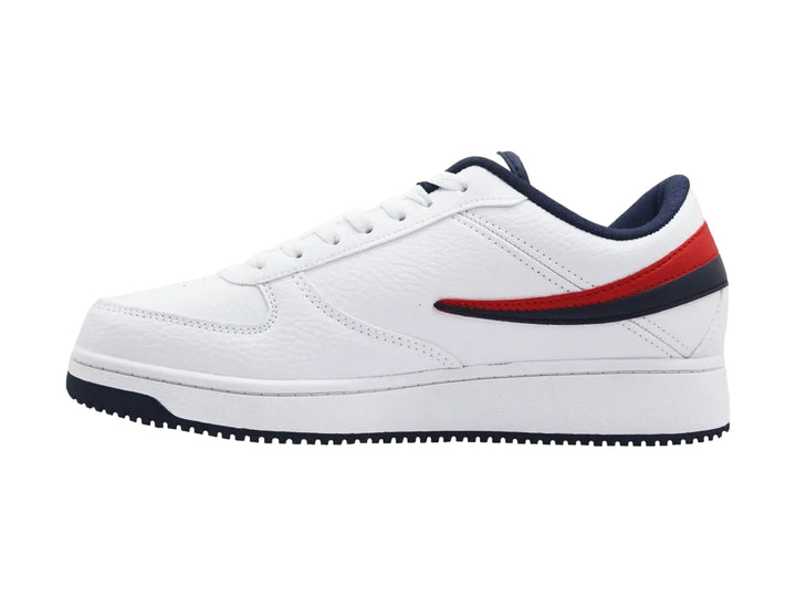 Tenis Fila A-Low blancos con franjas laterales en rojo y azul marino para Hombre.