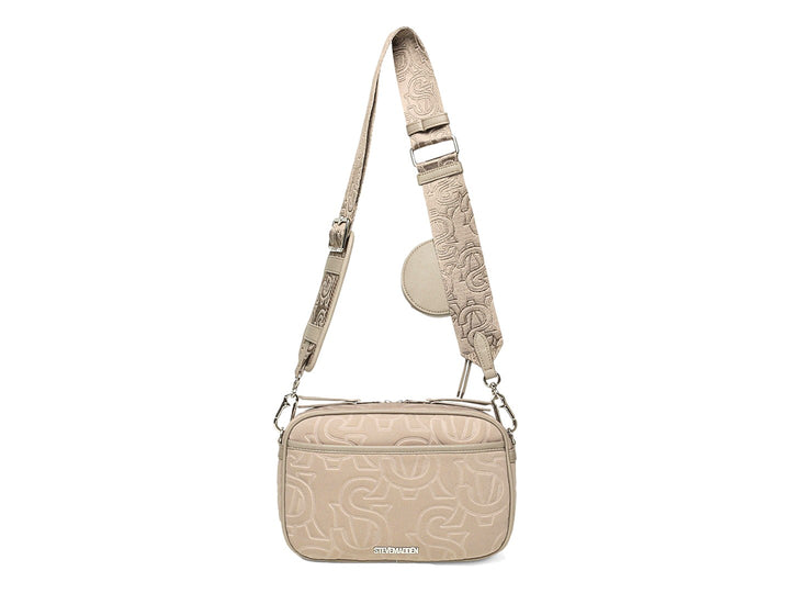 Bolsa Steve Madden color taupe con correa ancha, monedero circular integrado y textura grabada.