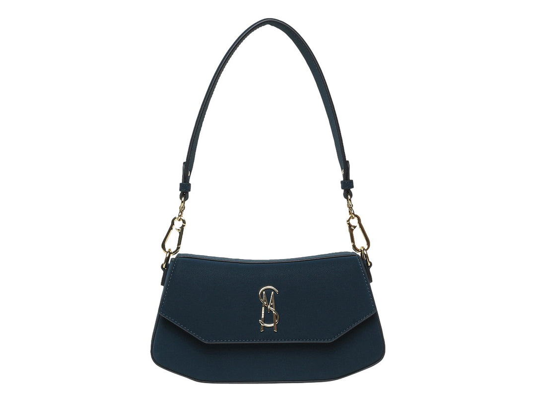 Bolso de hombro Steve Madden color teal con herrajes y logo dorado sobre fondo blanco.