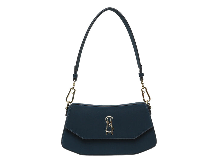 Bolso de hombro Steve Madden color teal con herrajes y logo dorado sobre fondo blanco.