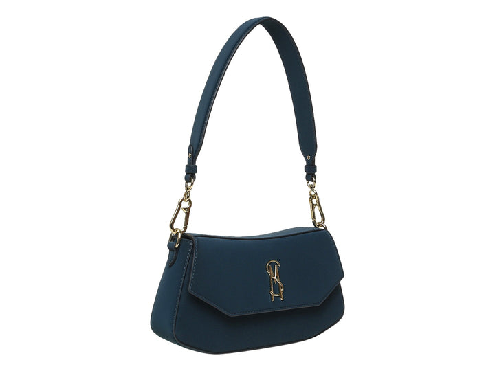 Bolso de hombro Steve Madden color teal con herrajes y logo dorado sobre fondo blanco.
