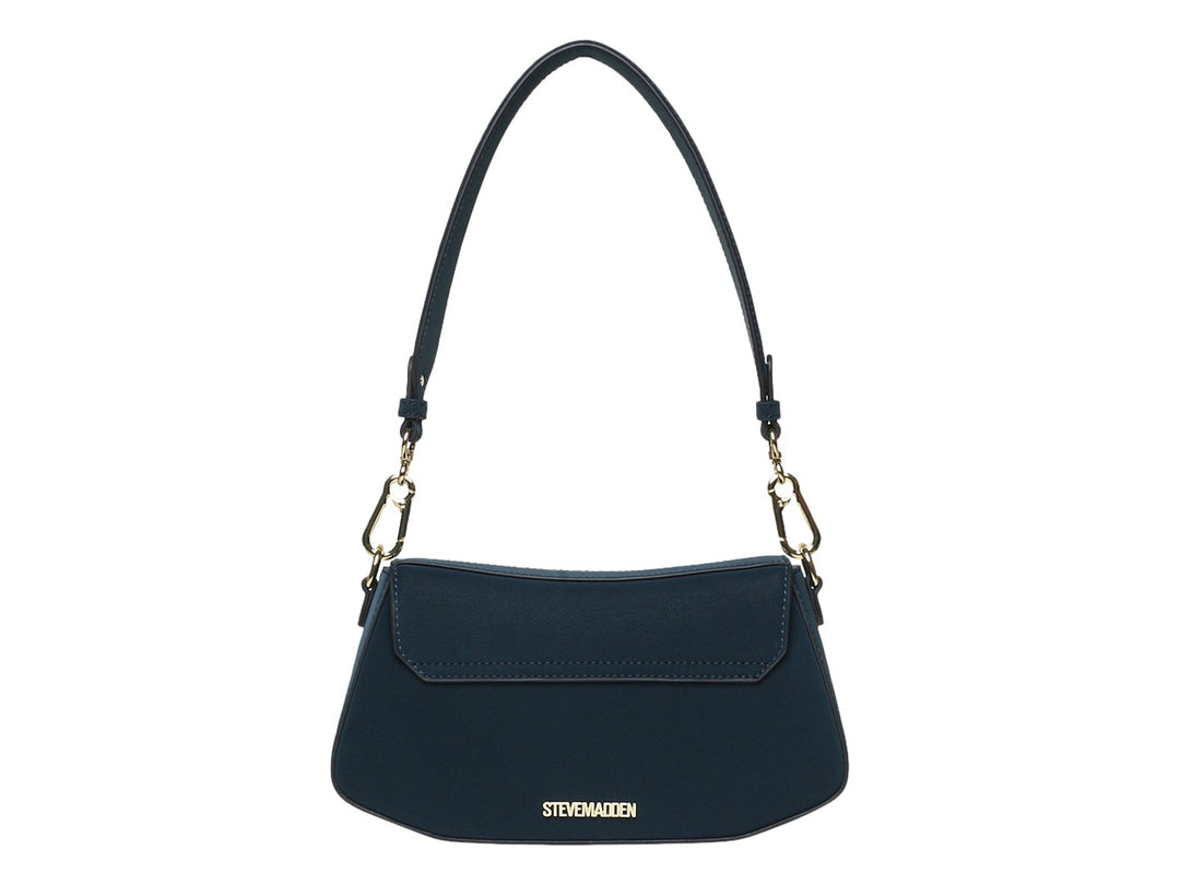 Bolso de hombro Steve Madden color teal con herrajes y logo dorado sobre fondo blanco.