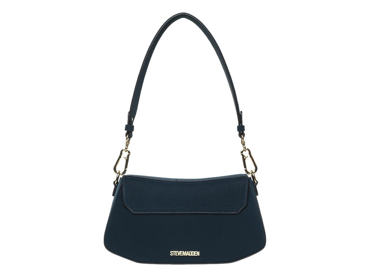 Bolso de hombro Steve Madden color teal con herrajes y logo dorado sobre fondo blanco.