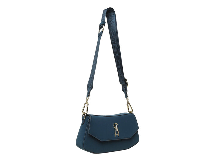 Bolso de hombro Steve Madden color teal con herrajes y logo dorado sobre fondo blanco.