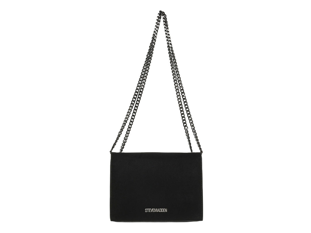 Bolso Steve Madden negro con solapa, logotipo metálico frontal y correa de cadena color gunmetal.