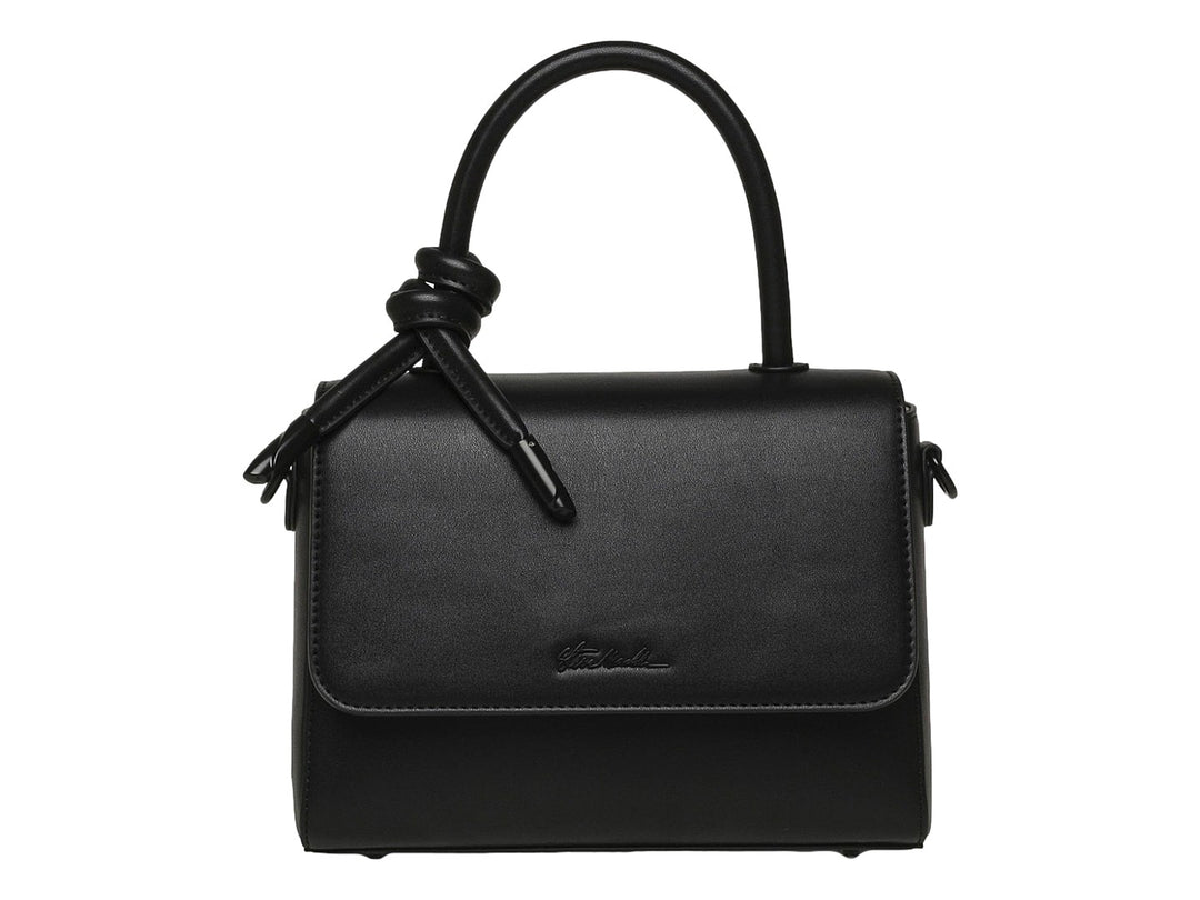 Bolso de mano Steve Madden color negro con asa superior decorada con un nudo y diseño rectangular elegante.