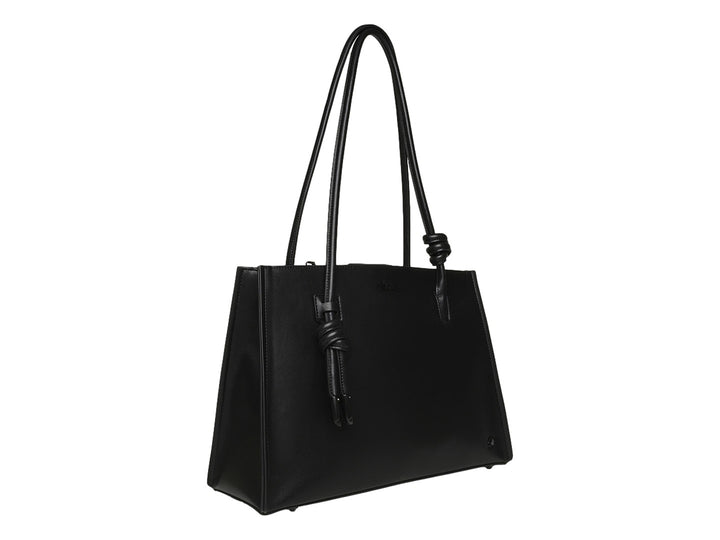 Bolso de mano Steve Madden color negro con diseño trapezoidal y asas con detalle de nudo.