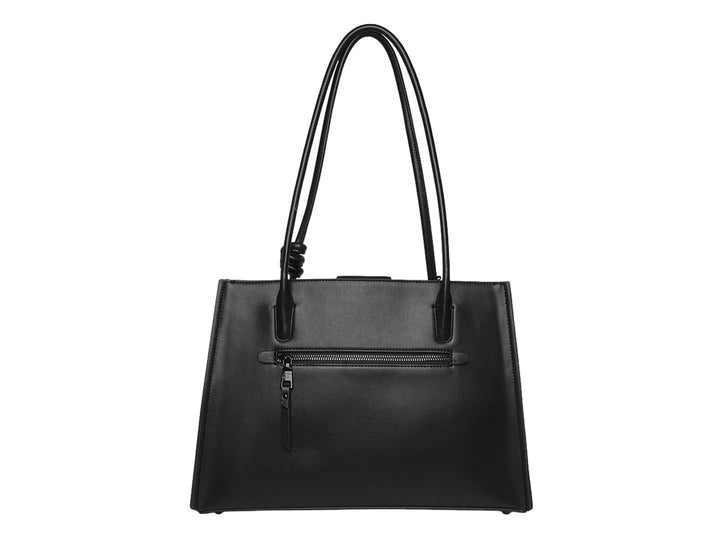 Bolso de mano Steve Madden color negro con diseño trapezoidal y asas con detalle de nudo.