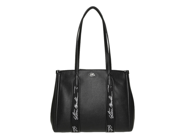 Bolso tote negro de Steve Madden con textura granulada y detalles de marca en blanco en las asas.