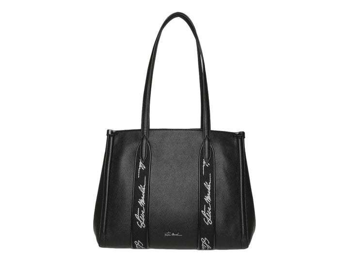 Bolso tote negro de Steve Madden con textura granulada y detalles de marca en blanco en las asas.
