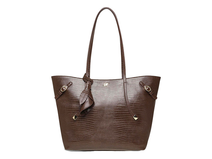 Bolso tote Steve Madden color chocolate con textura de piel de cocodrilo y detalles metálicos dorados.