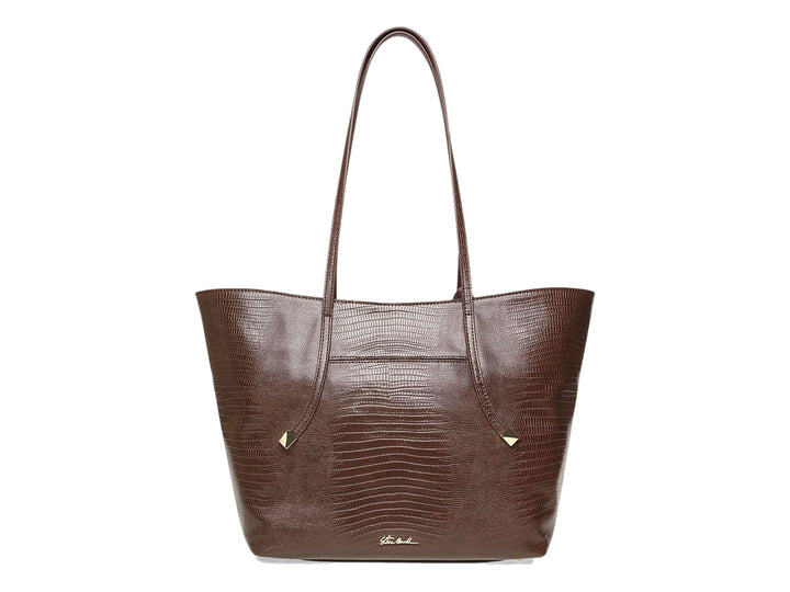 Bolso tote Steve Madden color chocolate con textura de piel de cocodrilo y detalles metálicos dorados.