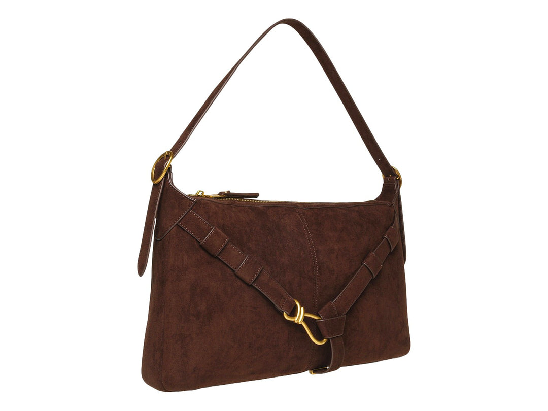 Bolso de hombro Steve Madden en color chocolate de gamuza con detalles y herrajes en color dorado.