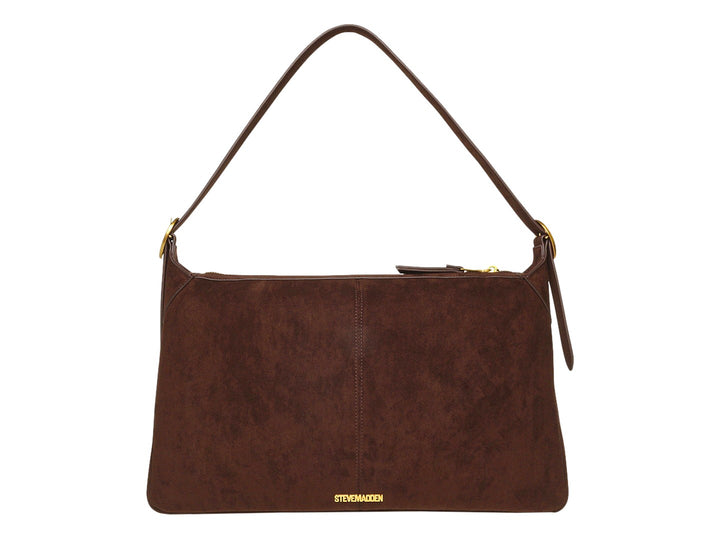 Bolso de hombro Steve Madden en color chocolate de gamuza con detalles y herrajes en color dorado.