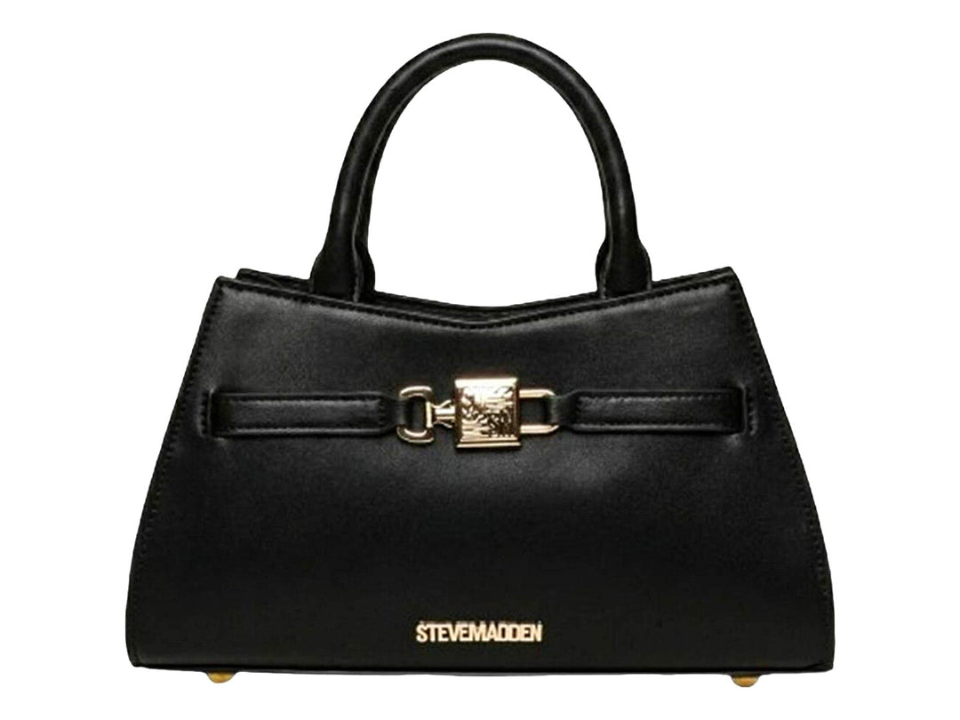 Bolso de mano Steve Madden color negro con detalles y herrajes en color dorado.