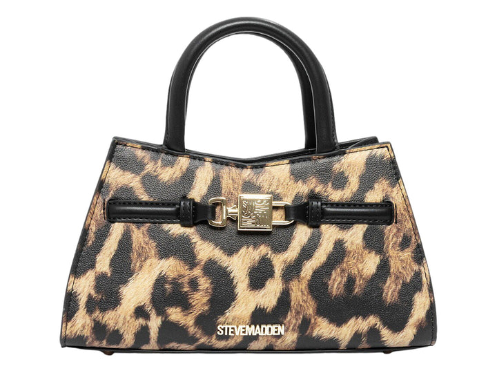 Bolso de mano Steve Madden con estampado de leopardo, asa negra y detalles metálicos dorados.