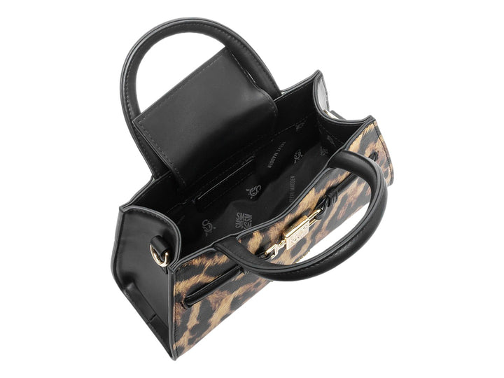 Bolso de mano Steve Madden con estampado de leopardo, asa negra y detalles metálicos dorados.