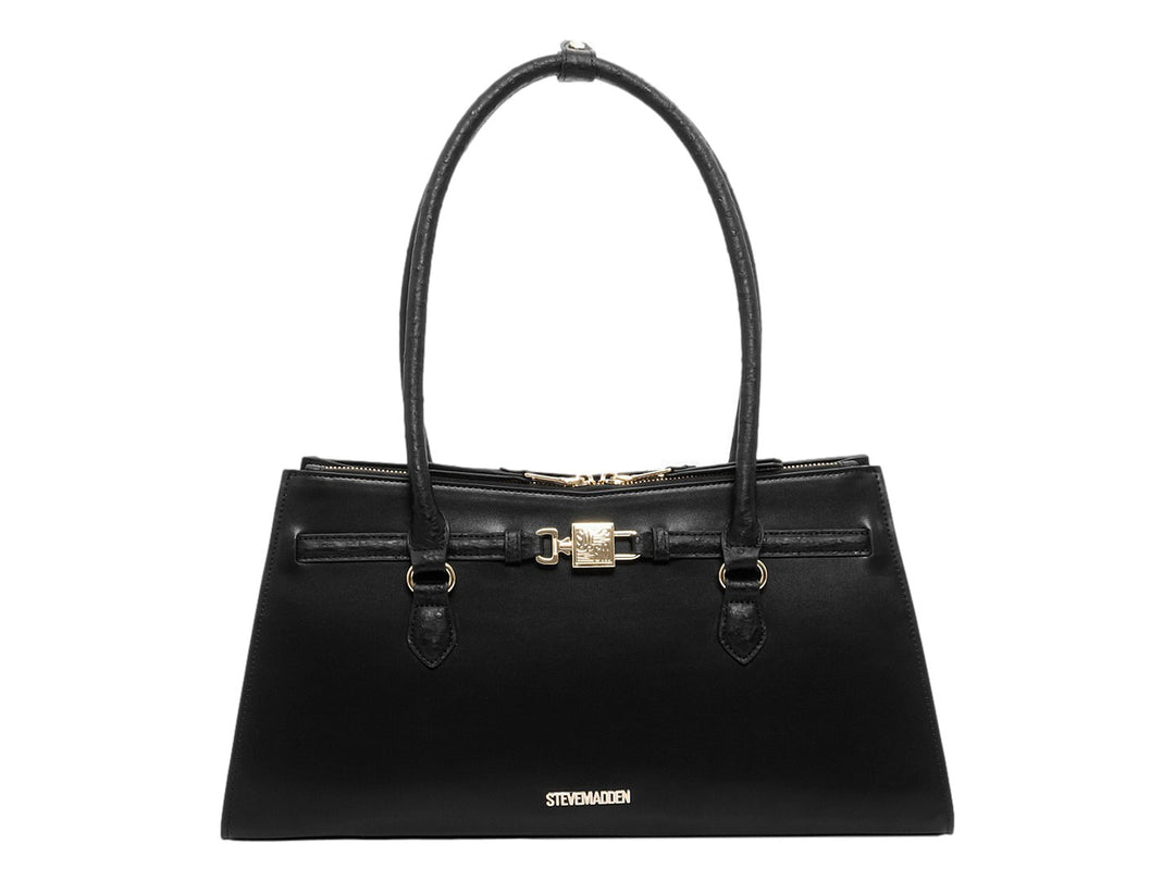 Bolso de mano Steve Madden color negro con detalles y herrajes en tono dorado.