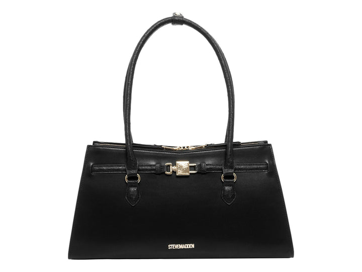 Bolso de mano Steve Madden color negro con detalles y herrajes en tono dorado.