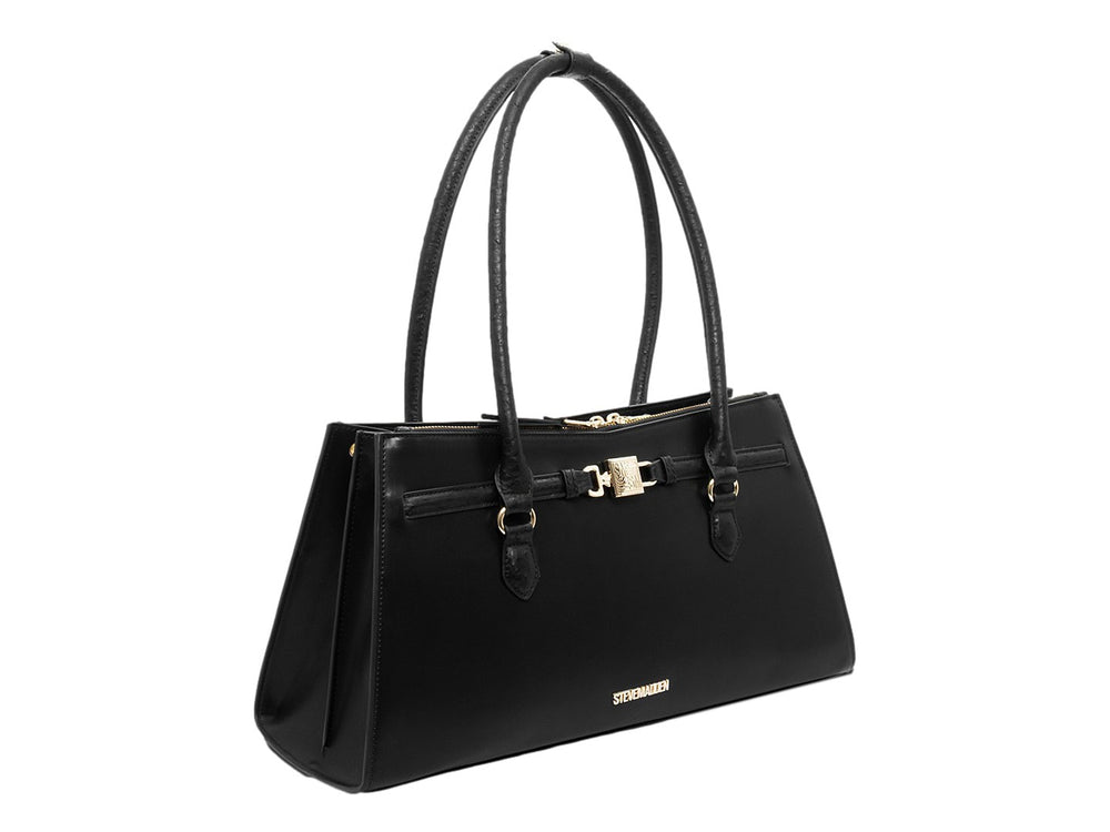 Bolso de mano Steve Madden color negro con detalles y herrajes en tono dorado.