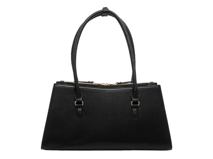 Bolso de mano Steve Madden color negro con detalles y herrajes en tono dorado.