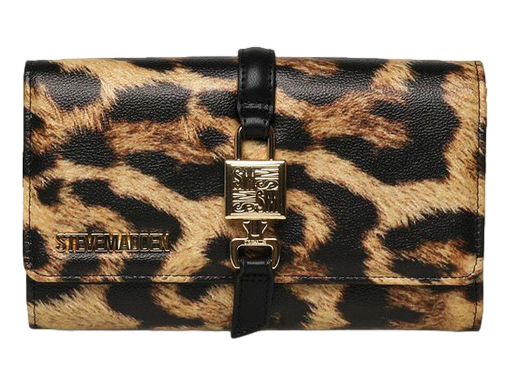 Bolsa Steve Madden con estampado de leopardo, cierre de candado dorado y correa negra central.