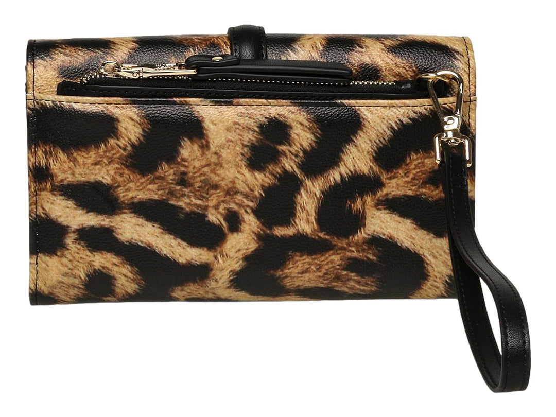 Bolsa Steve Madden con estampado de leopardo, cierre de candado dorado y correa negra central.