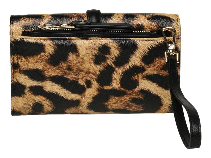 Bolsa Steve Madden con estampado de leopardo, cierre de candado dorado y correa negra central.