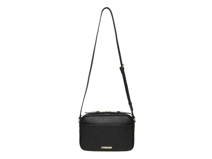 Bolso Steve Madden color negro con detalles en dorado y correa larga ajustable.