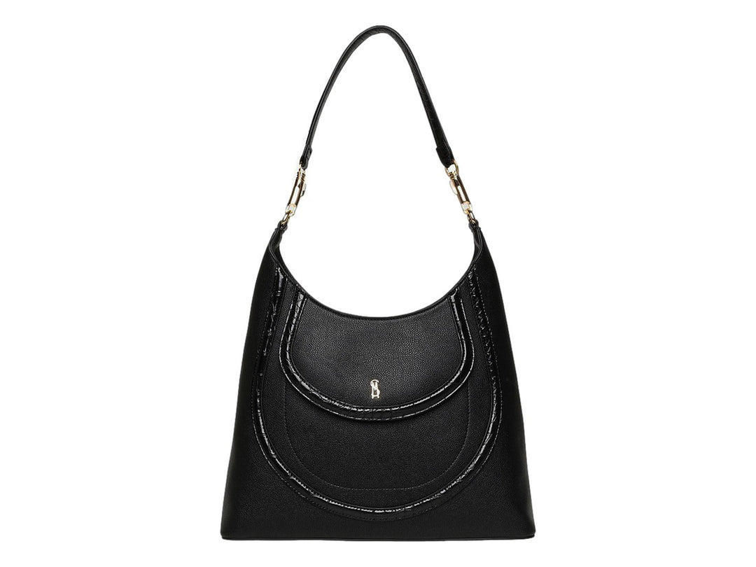 Bolso hobo Steve Madden color negro con detalles en dorado y textura granulada sobre fondo blanco.