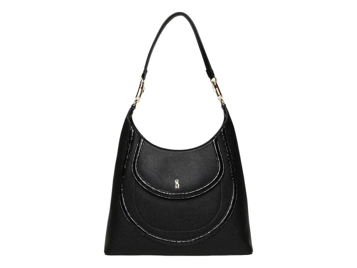 Bolso hobo Steve Madden color negro con detalles en dorado y textura granulada sobre fondo blanco.