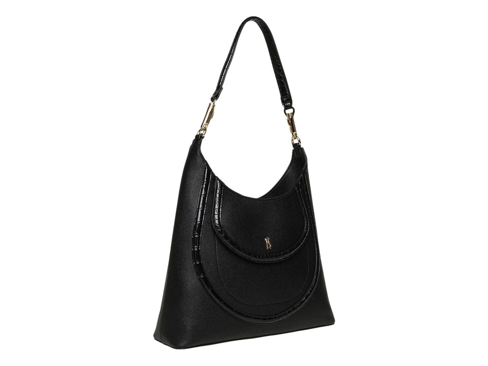 Bolso hobo Steve Madden color negro con detalles en dorado y textura granulada sobre fondo blanco.