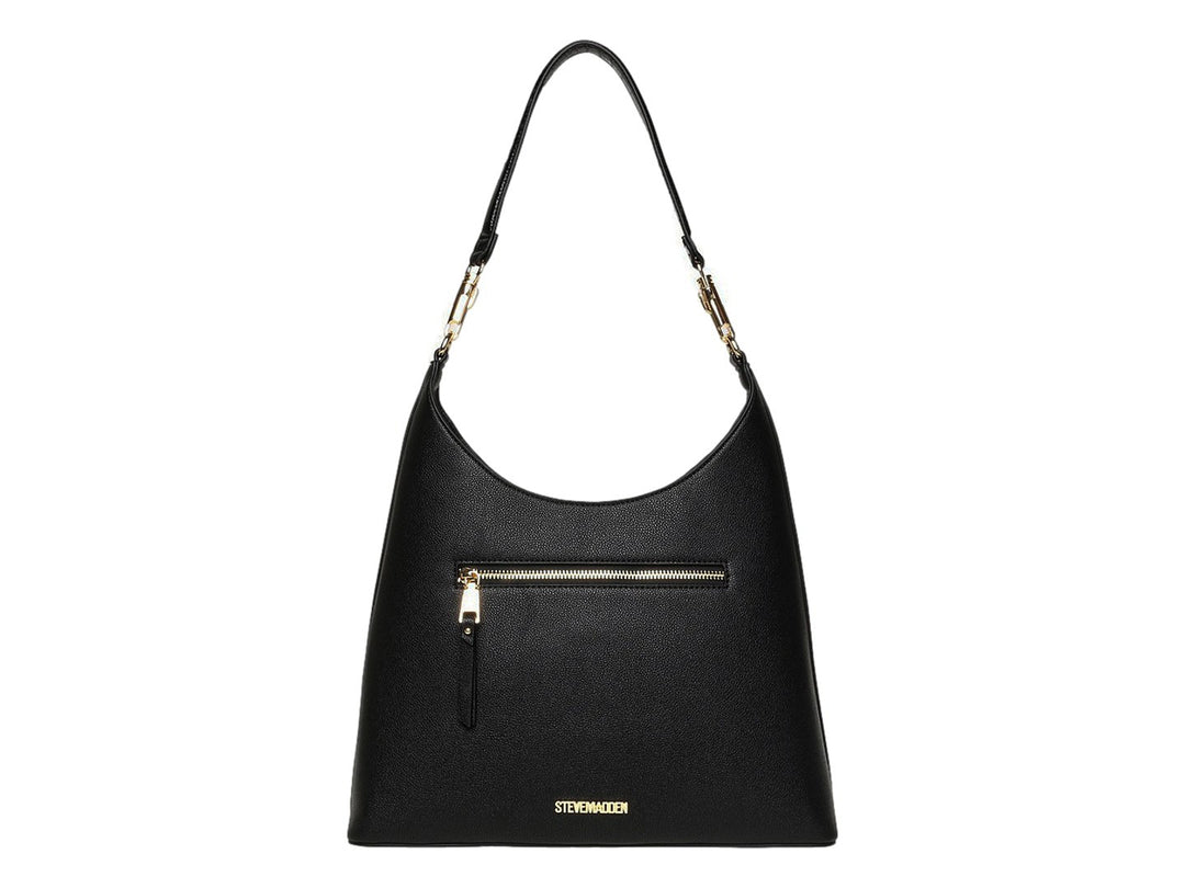 Bolso hobo Steve Madden color negro con detalles en dorado y textura granulada sobre fondo blanco.