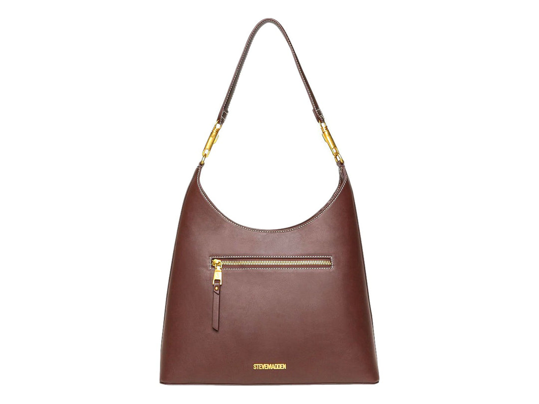 Bolso hobo Steve Madden color chocolate con detalles en dorado y costuras blancas contrastantes.