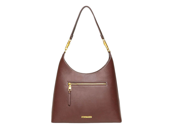 Bolso hobo Steve Madden color chocolate con detalles en dorado y costuras blancas contrastantes.