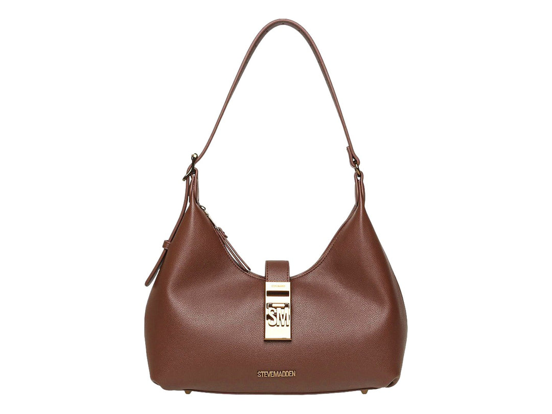 Bolsa de hombro Steve Madden color café con herrajes en tono bronce y textura granulada.