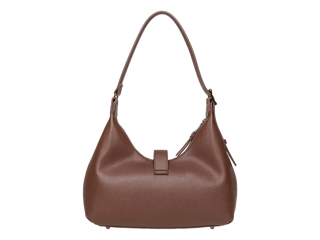 Bolsa de hombro Steve Madden color café con herrajes en tono bronce y textura granulada.