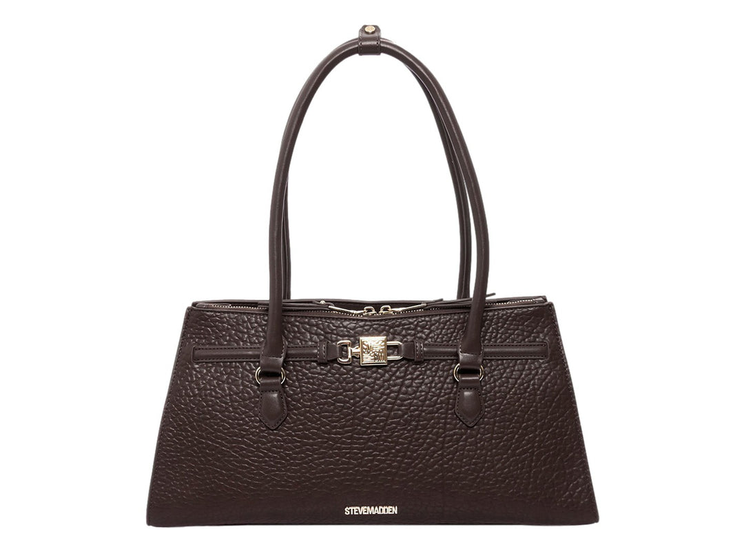 Bolso de mano Steve Madden color café oscuro con textura granulada y detalles metálicos en dorado.