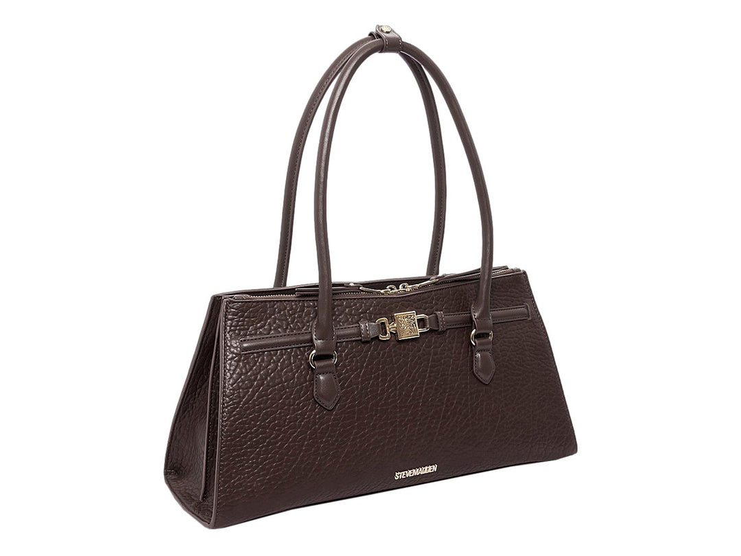 Bolso de mano Steve Madden color café oscuro con textura granulada y detalles metálicos en dorado.