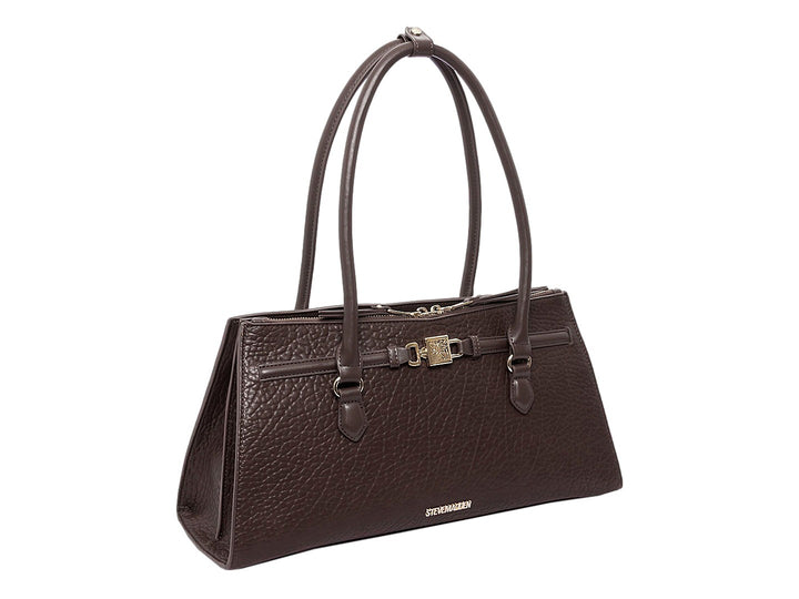 Bolso de mano Steve Madden color café oscuro con textura granulada y detalles metálicos en dorado.