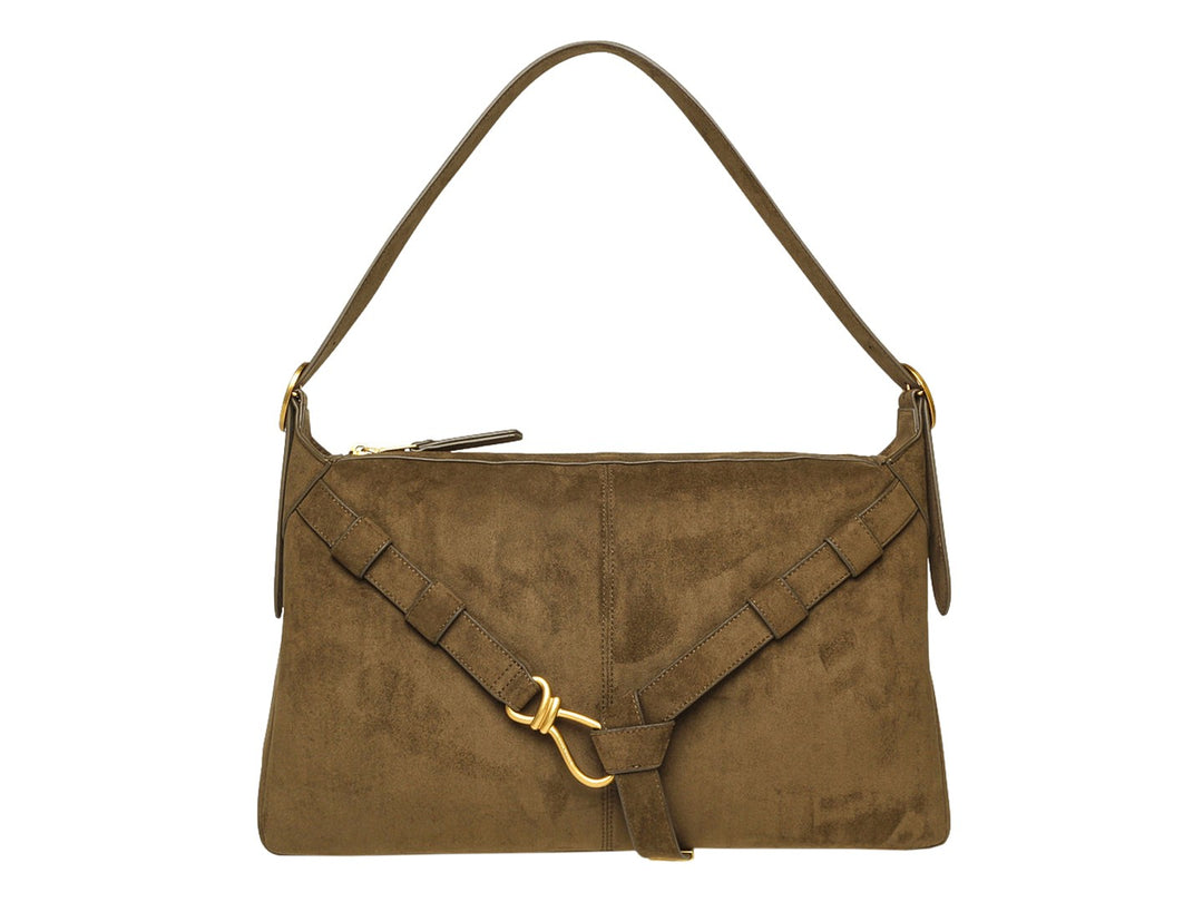 Bolsa de hombro Steve Madden en color olivo de gamuza con detalles de correas y herrajes dorados.