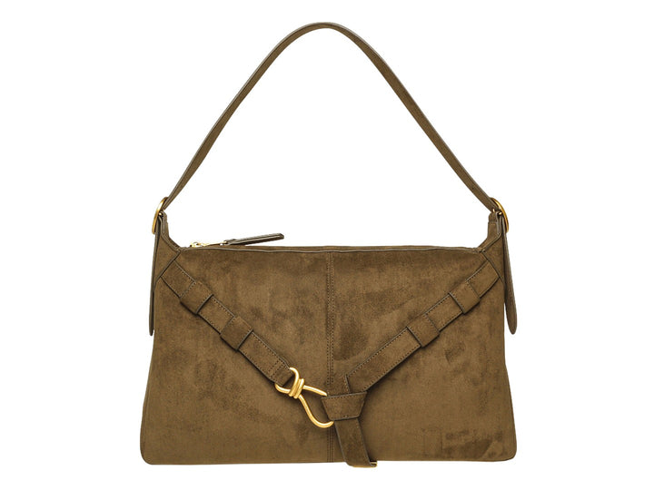 Bolsa de hombro Steve Madden en color olivo de gamuza con detalles de correas y herrajes dorados.