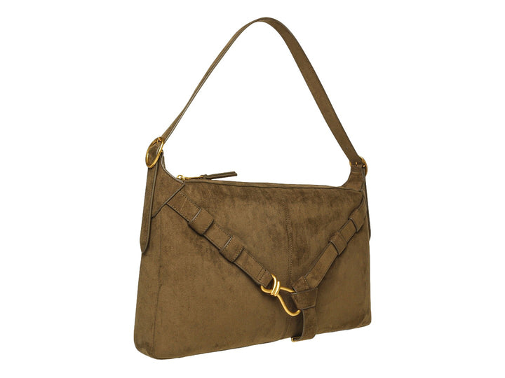 Bolsa de hombro Steve Madden en color olivo de gamuza con detalles de correas y herrajes dorados.
