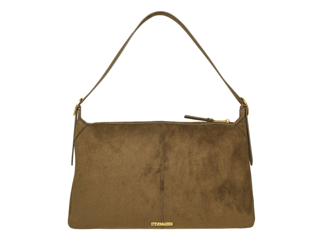 Bolsa de hombro Steve Madden en color olivo de gamuza con detalles de correas y herrajes dorados.