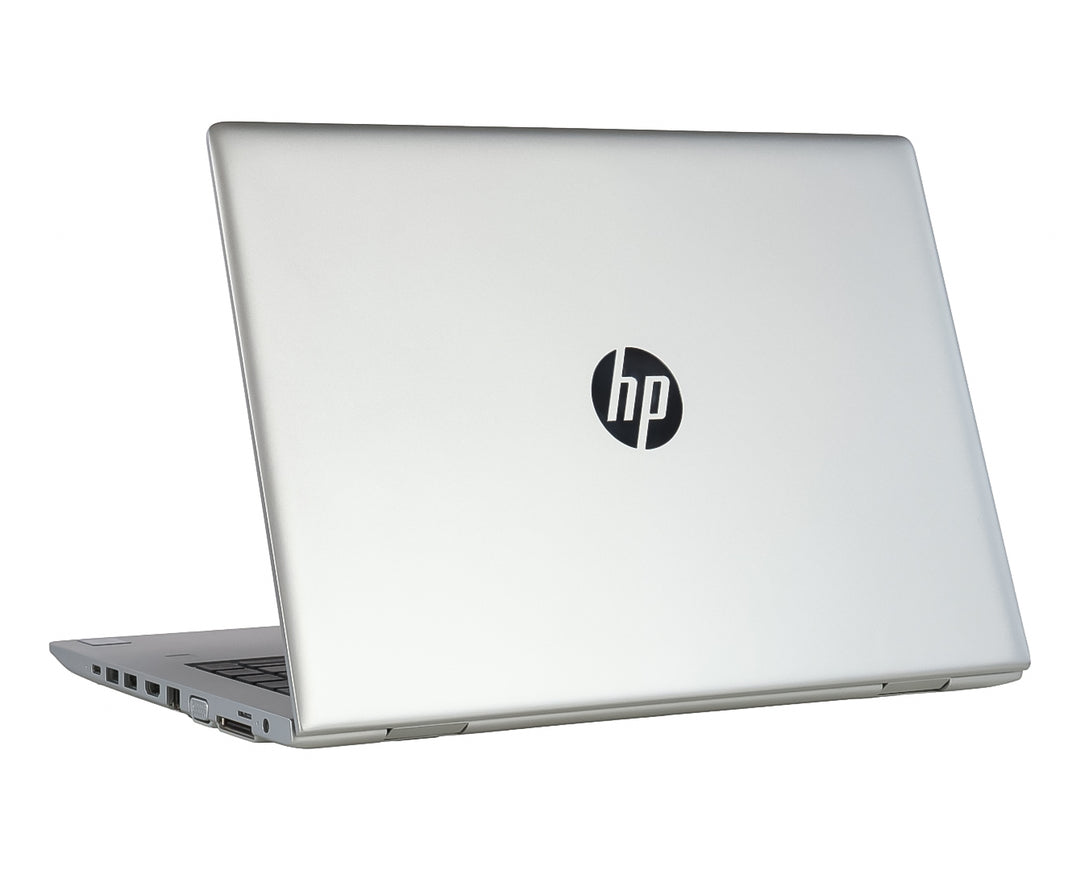 Laptop HP ProBook de color plata, vista posterior y lateral sobre fondo blanco.
