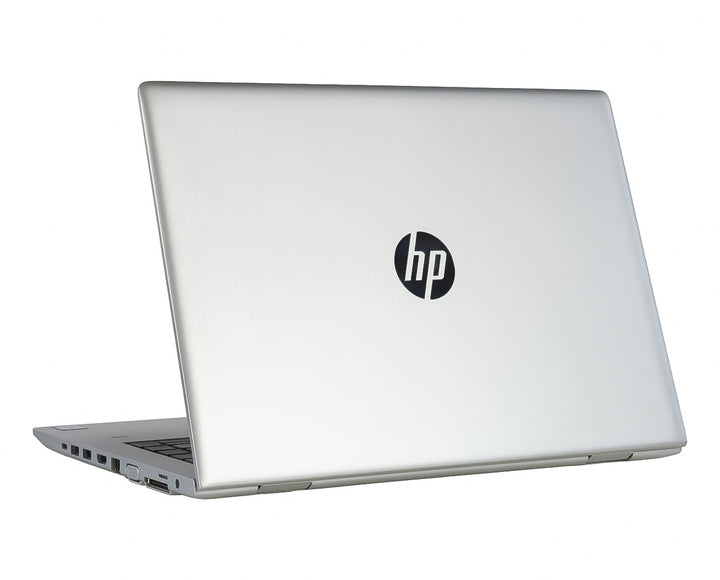 Laptop HP ProBook de color plata, vista posterior y lateral sobre fondo blanco.